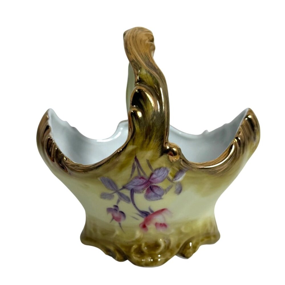 Antique Nippon Porcelain Basket Vase, Hand-Painted with Floral and Gold-Toned De